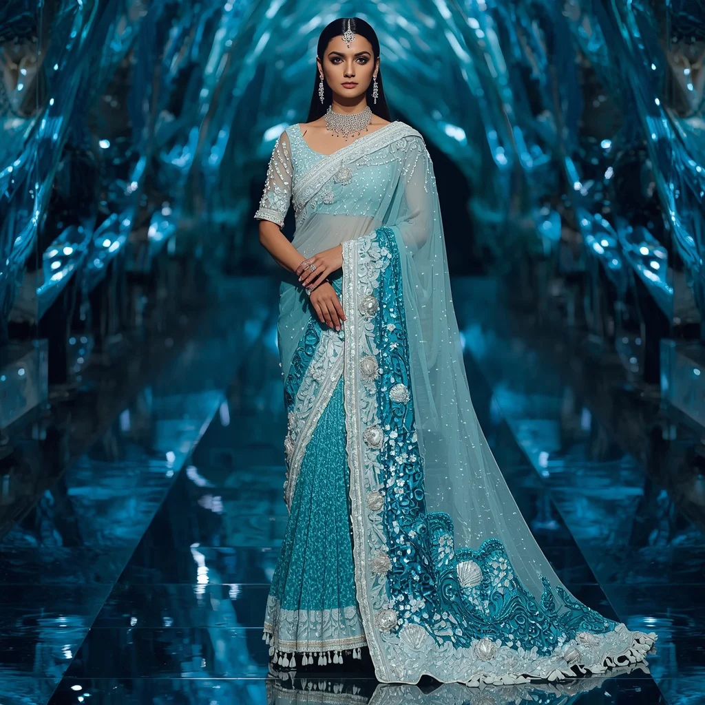 Ocean Pearl Wave Saree with Fluid Glass Cathedral | chatgpt photo editing prompts trending instagram - Top 10 Charming Teen Saree AI Image Prompts for School Art Exhibitions AI Prompt