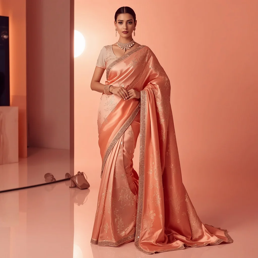 Peach Satin Galaxy Saree – Heavy Soft Glam Saree with Fashion Pose and Peach Reflection Studio Background | traditional prompt for gemini ai girl copy and paste - Traditional Sambalpuri Ikkat Saree AI Prompts for Odisha Festivals AI Prompt
