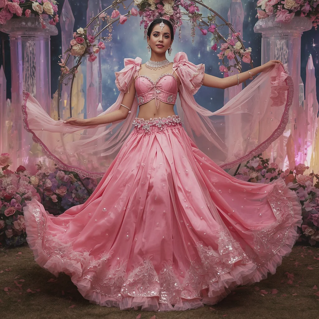 Pink Crystal Galaxy Saree – Dreamy Couture Saree with Twirl Pose and Galaxy Crystal Garden Background | chatgpt prompt examples - New 10 Playful Young Girl Saree AI Prompts for Story Time Sessions AI Prompt