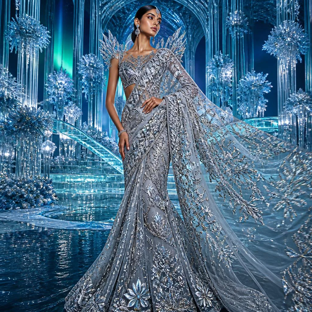 Platinum Aurora Diamond Glacier Cathedral Saree | prompt for traditional look for girl chatgpt - Artistic Painted Saree AI Prompts for Unique Expression AI Prompt