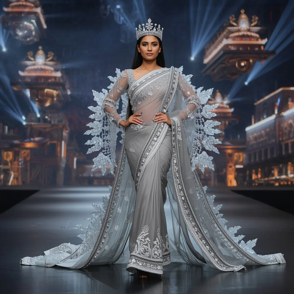 Platinum Crystal Crown Train Saree with Floating Royal Railway Empire | best saree prompt for gemini girl - Professional Grey Saree AI Image Prompts for Modern Offices AI Prompt