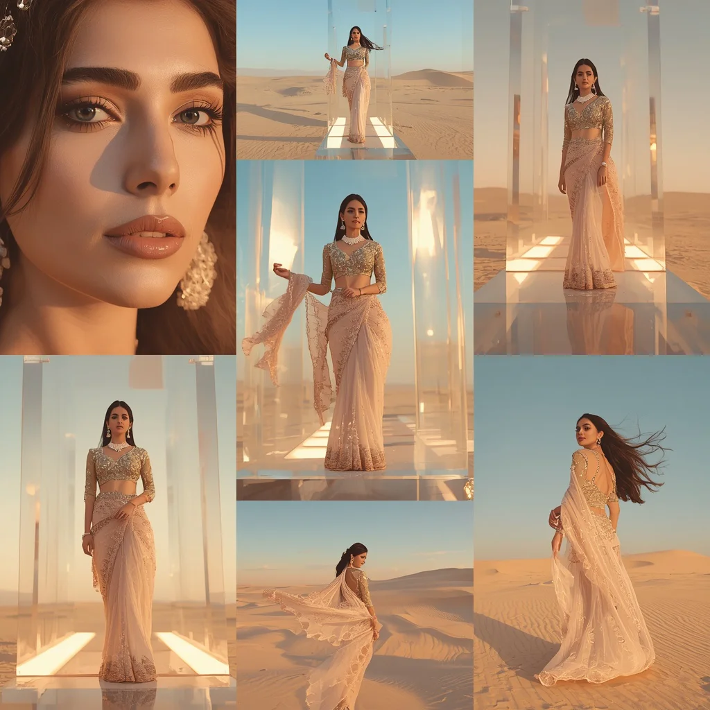 Premium Designer Pastel Saree Giant Luxury Floating Glass Desert Crystal Mirage Editorial Collage | stylish girl prompt generator - Traditional Uppada Silk Saree AI Image Prompts for Royal Appeal AI Prompt