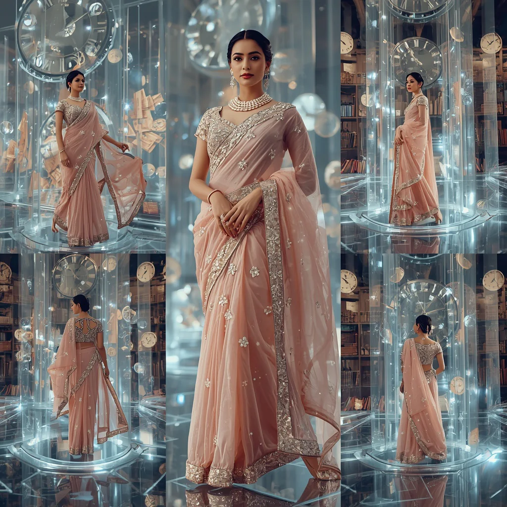 Premium Festive Pastel Saree Giant Luxury Floating Crystal Library of Time Editorial Collage | free prompt for girls college - Traditional Uppada Silk Saree AI Image Prompts for Royal Appeal AI Prompt