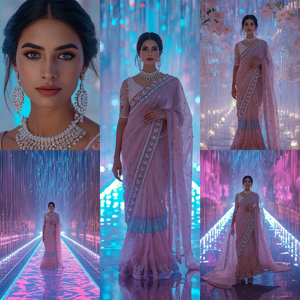 Premium Festive Pastel Saree Inside Giant Floating Aurora Crystal Rain City Editorial Collage | instagram prompt for girls in saree - Traditional Uppada Silk Saree AI Image Prompts for Royal Appeal AI Prompt