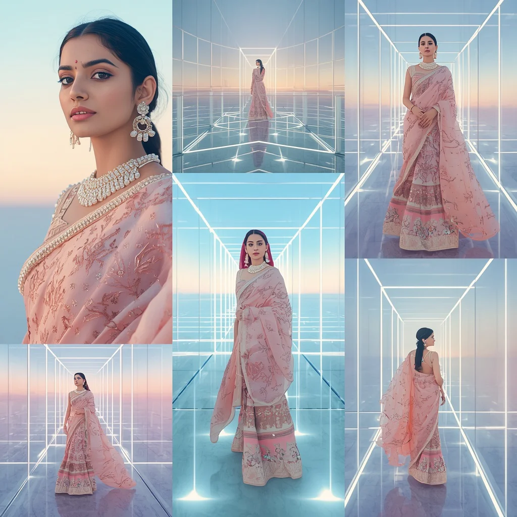Premium Festive Pastel Saree Inside Giant Floating Glass Sky Observatory Maze Editorial Collage | chatgpt saree prompt instagram - Bohemian Tie-Dye Saree AI Prompts for Festival Vibes AI Prompt