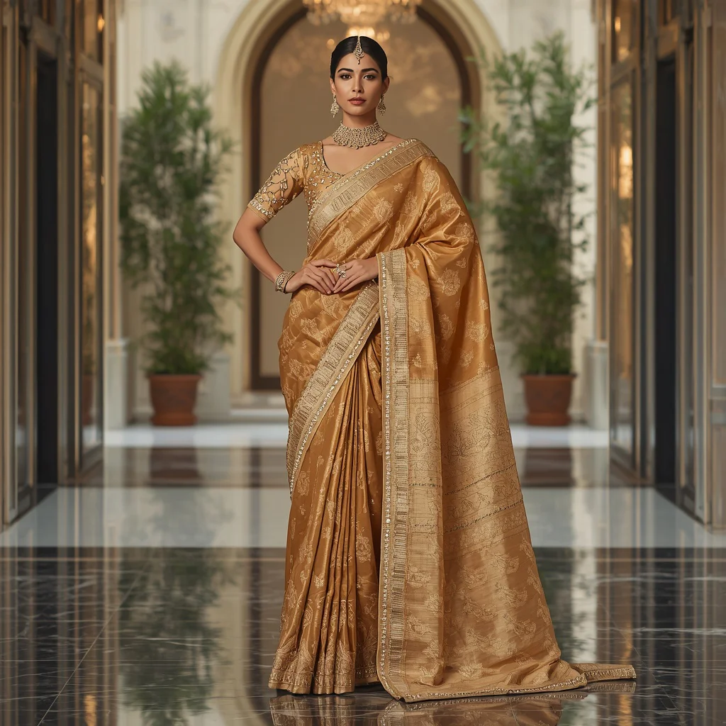 Premium Golden Heritage Empress Saree with Modern Crystal Palace Atrium Background | saree dp ai prompt - Top 10 Modern Teen Saree AI Prompts for Science Fair Presentations AI Prompt
