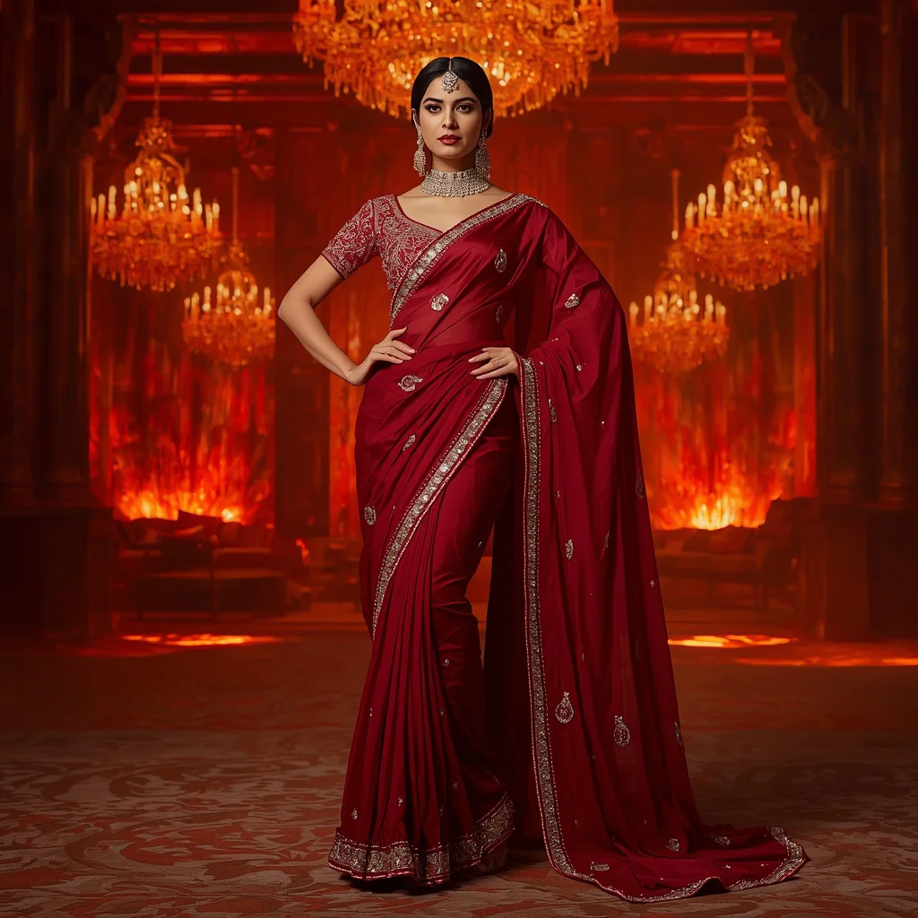 Premium Ruby Volcano Empress Saree Couture with Fire Crystal Empire Background | saree prompt ChatGPT - Top 10 Modern Teen Saree AI Prompts for Science Fair Presentations AI Prompt