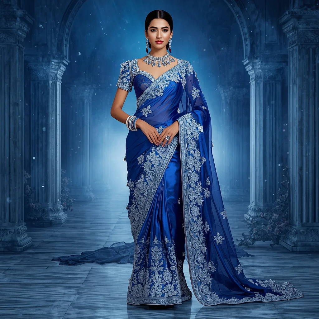 Premium Sapphire Aurora Snow Empress Festival Saree with Frozen Crystal Galaxy Sanctuary Background | gemini ai purple saree prompt - Artistic Painted Saree AI Prompts for Unique Expression AI Prompt