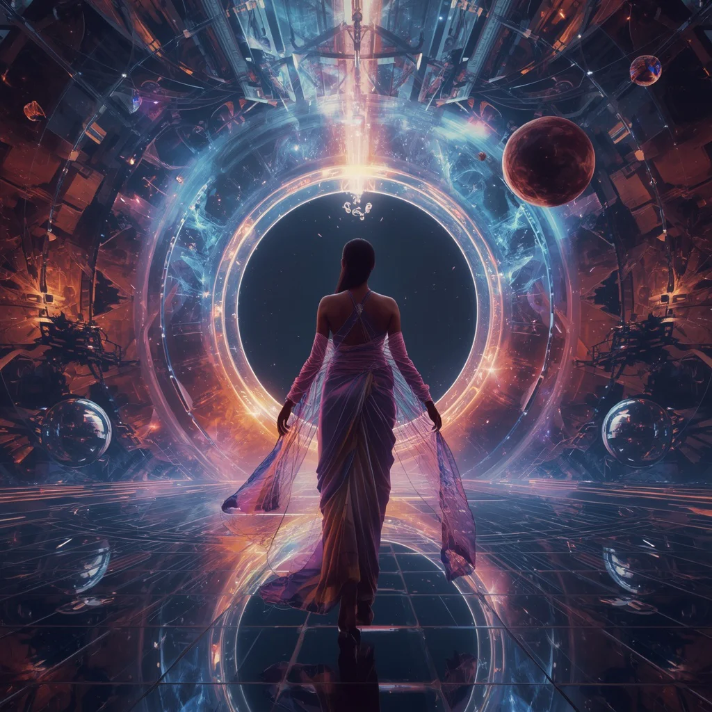 Quantum Aurora Serpent Saree with Ultra Prism Nebula Infinity Collapse Nexus Gate Core Chamber Rift Realm | photo prompt trending - Artistic Painted Saree AI Prompts for Unique Expression AI Prompt