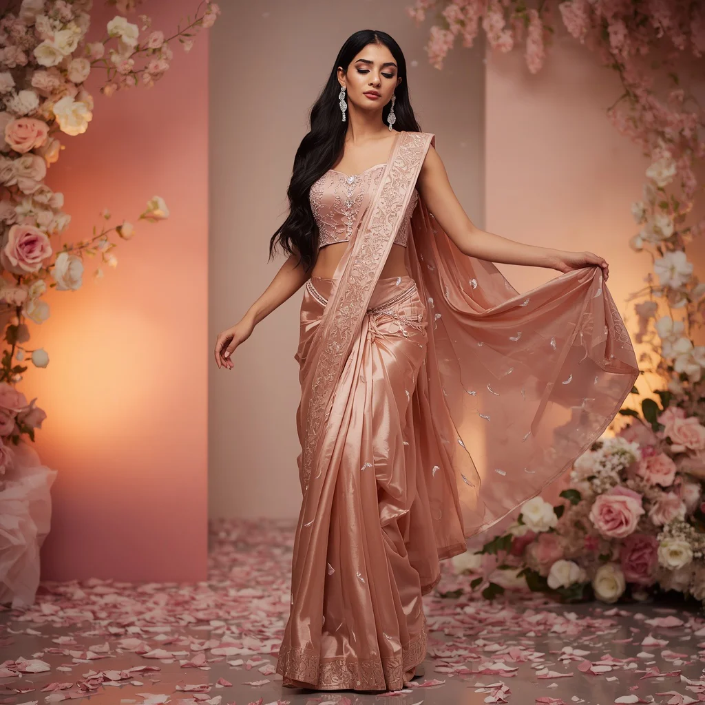 Rose Gold Crystal Moon Saree – Elegant Couture Saree with Twirl Pose and Rose Crystal Garden Background | saree prompt for chatgpt - Traditional Sambalpuri Ikkat Saree AI Prompts for Odisha Festivals AI Prompt