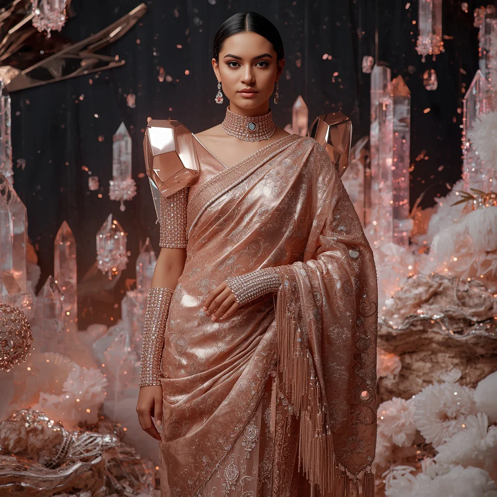 Rose Gold Eclipse Saree with Floating Crystal Skyline Sanctuaries | chatgpt saree prompt instagram - Traditional Sambalpuri Ikkat Saree AI Prompts for Odisha Festivals AI Prompt