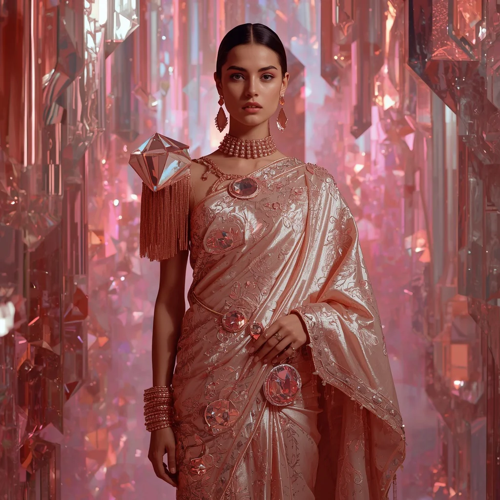 Rose Gold Mirage Saree with Floating Crystal Skyline Sanctums | ai prompt generator - Glamorous Black and Gold Saree AI Prompts for Elegant Events AI Prompt