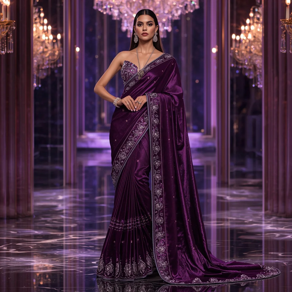 Royal Amethyst Eclipse Saree – Ultra Luxury Couture Saree with Editorial Pose and Amethyst Crystal Palace Background | prompt for Gemini AI girl in saree 2026 - Top 10 Modern Teen Saree AI Prompts for Fashion Design Workshops AI Prompt