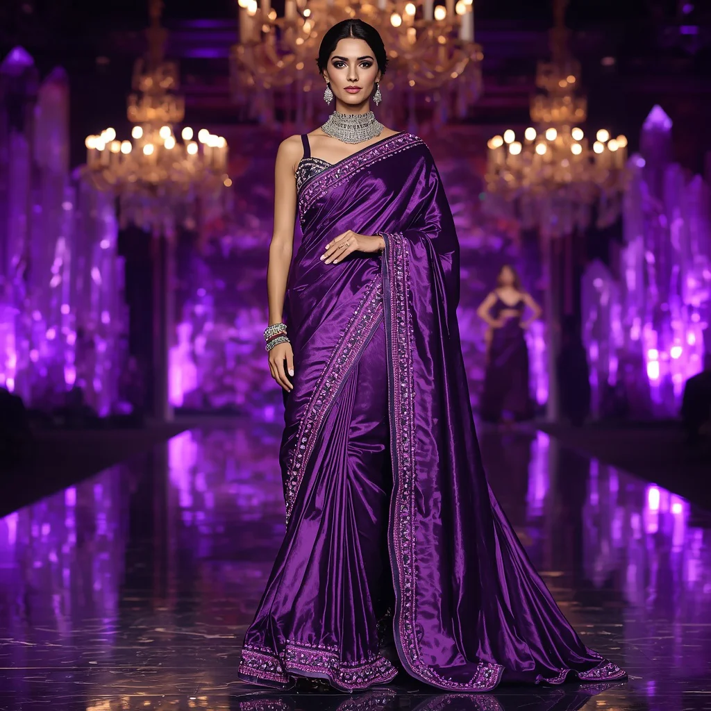 Royal Amethyst Mirage Saree – Ultra Luxury Couture Saree with Editorial Pose and Purple Crystal Palace Background | traditional saree prompt for girl in english - Ethereal Pastel Handloom Saree AI Prompts for Serene Retreats AI Prompt