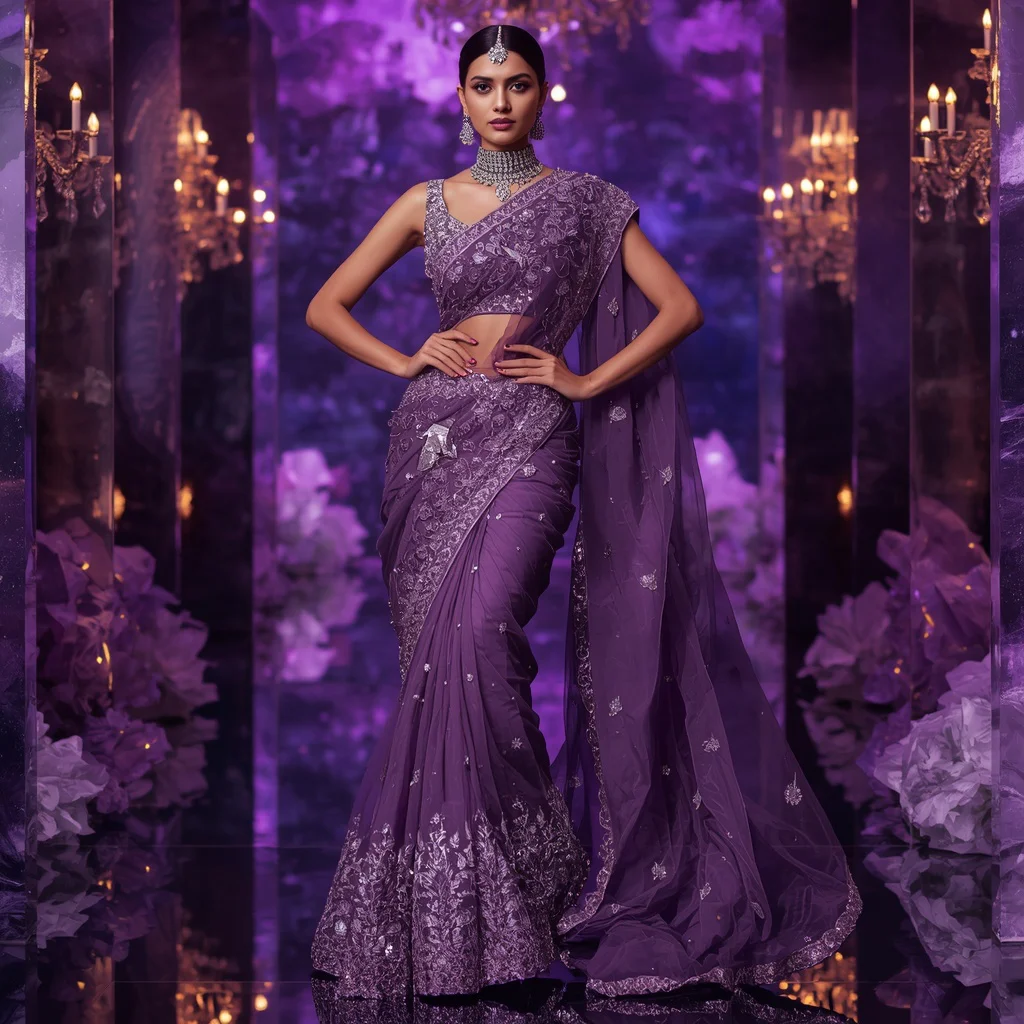 Royal Amethyst Moon Galaxy Saree Couture with Violet Crystal Universe Background | new instagram trending photo editing prompt - Top 10 Modern Teen Saree AI Prompts for Science Fair Presentations AI Prompt
