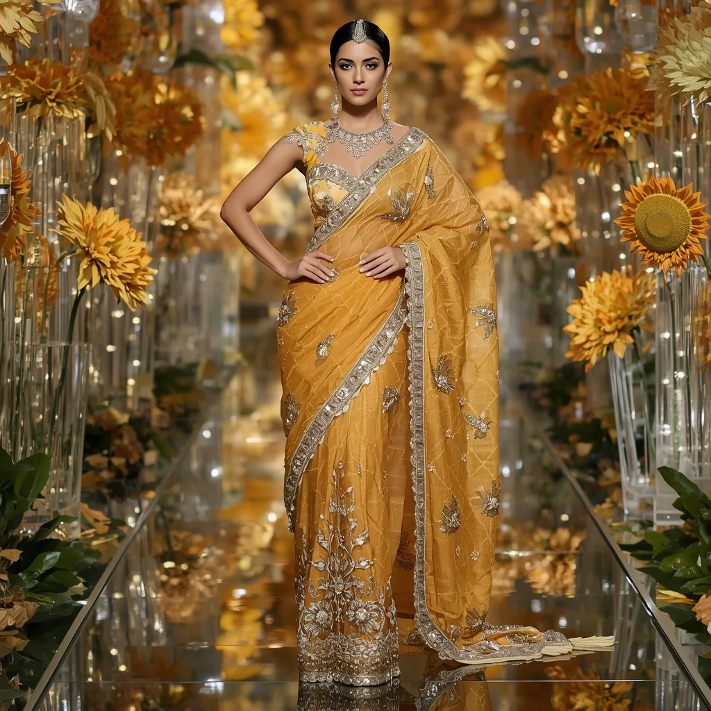 Royal Diamond Sunflower Queen Saree Fashion with Luxury Crystal Floral Gallery Background | retro style prompt for Gemini girl in saree - Top 10 Modern Teen Saree AI Prompts for Science Fair Presentations AI Prompt