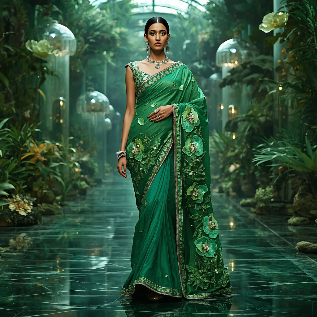 Royal Emerald Crystal Infinity Botanical Palace Saree | cute prompt for girls in saree in english - Artistic Painted Saree AI Prompts for Unique Expression AI Prompt
