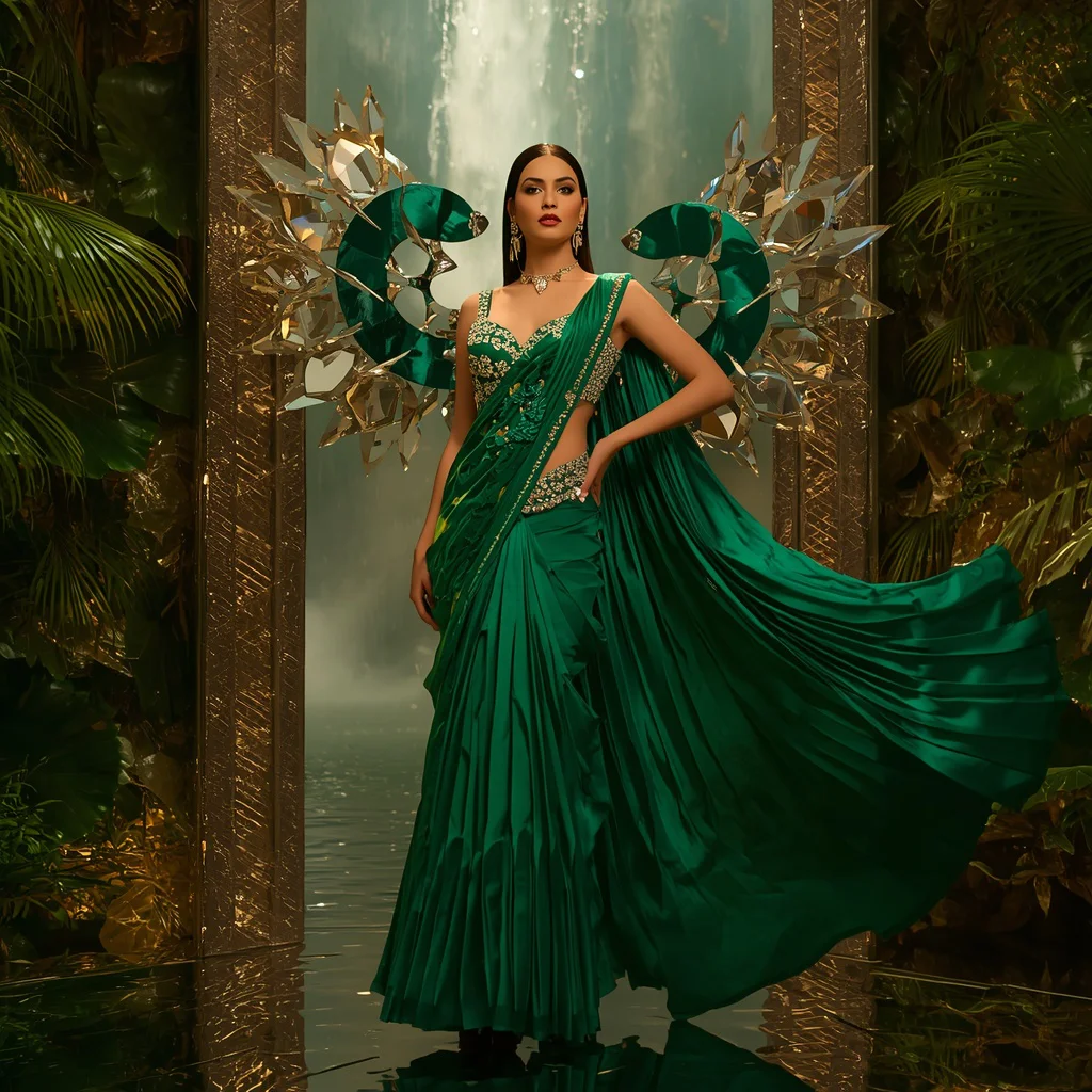 Royal Emerald Lotus Fire Saree Fashion with Rainforest Crystal Galaxy Reflection Background | Trending saree prompt - Best 10 Serene Child Saree AI Prompts for Garden Pond Reflections AI Prompt