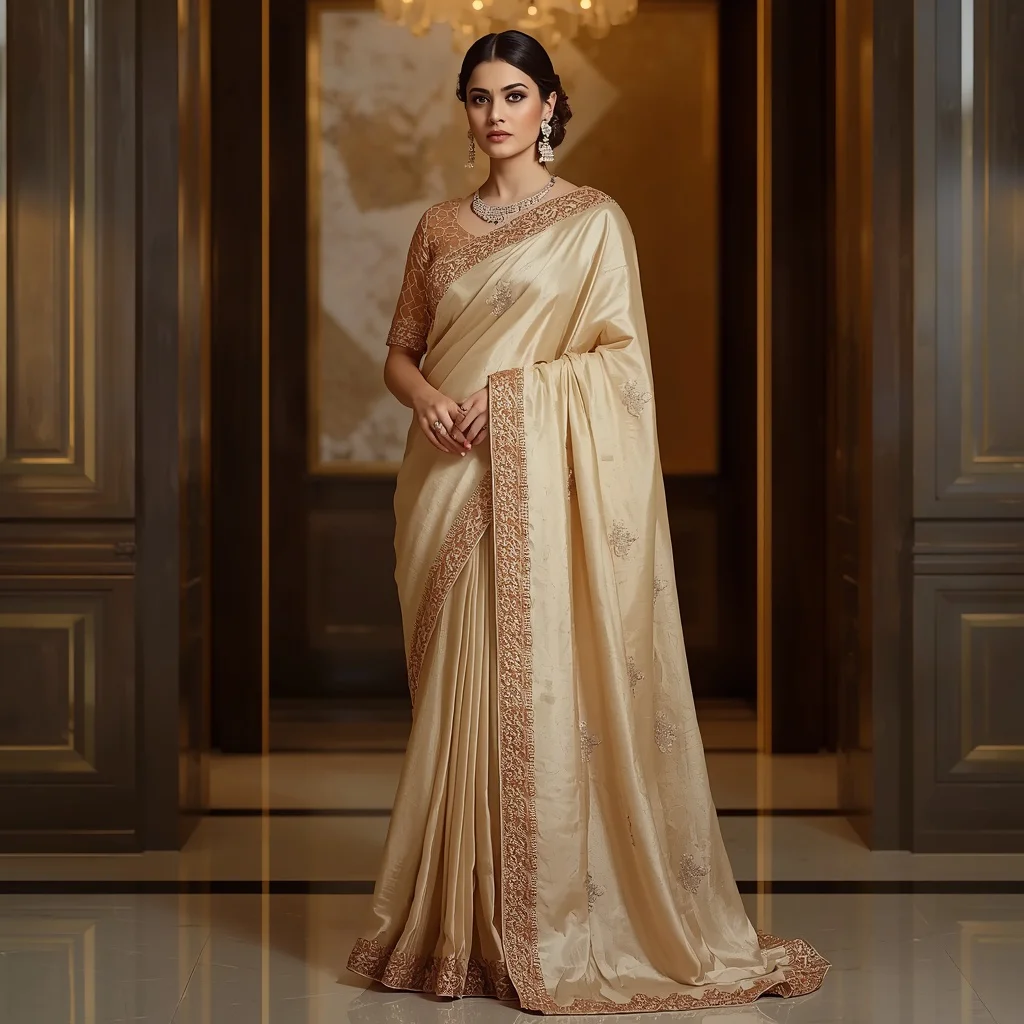 Royal Festive Saree Look: Stately Poise Pose in Cream Gold Tissue Silk with Sophisticated Modern Interior Design | indian saree ai prompt - Top 10 Charming Teen Saree AI Image Prompts for School Band Concerts AI Prompt