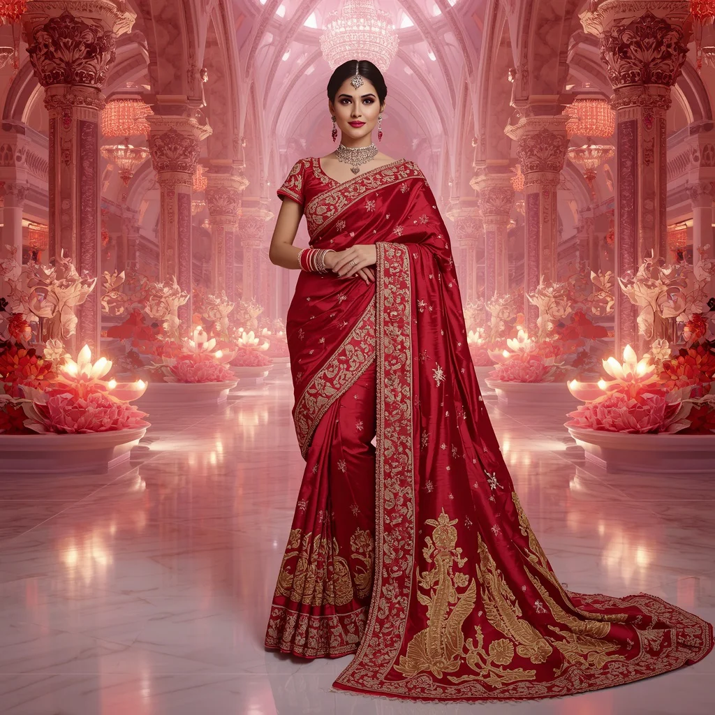 Royal Ruby Aurora Dragon Lotus Festival Saree with Infinite Crystal Empire Cathedral Background | trending prompt for gemini ai girl - Artistic Painted Saree AI Prompts for Unique Expression AI Prompt