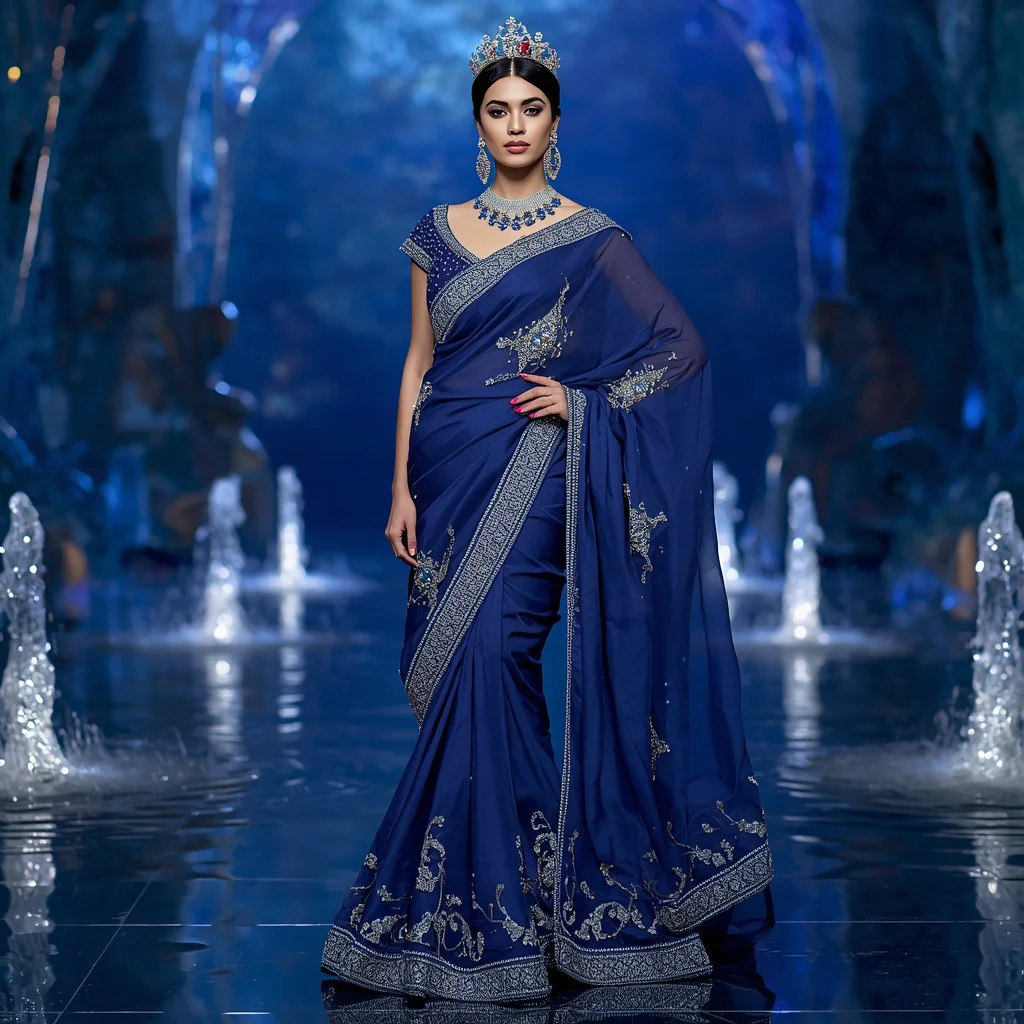 Royal Sapphire Mermaid Crown Saree Fashion with Crystal Ocean Fortress Background | free prompt for girls college - Top 10 Modern Teen Saree AI Prompts for Science Fair Presentations AI Prompt