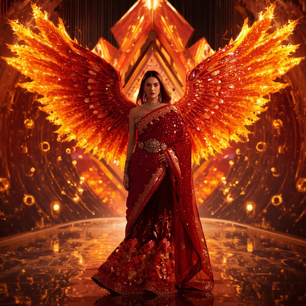 Ruby Phoenix Inferno Wing Saree with Radiant Fire Prism Citadel | best saree prompt for gemini girl - Best 10 Serene Child Saree AI Prompts for Garden Pond Reflections AI Prompt
