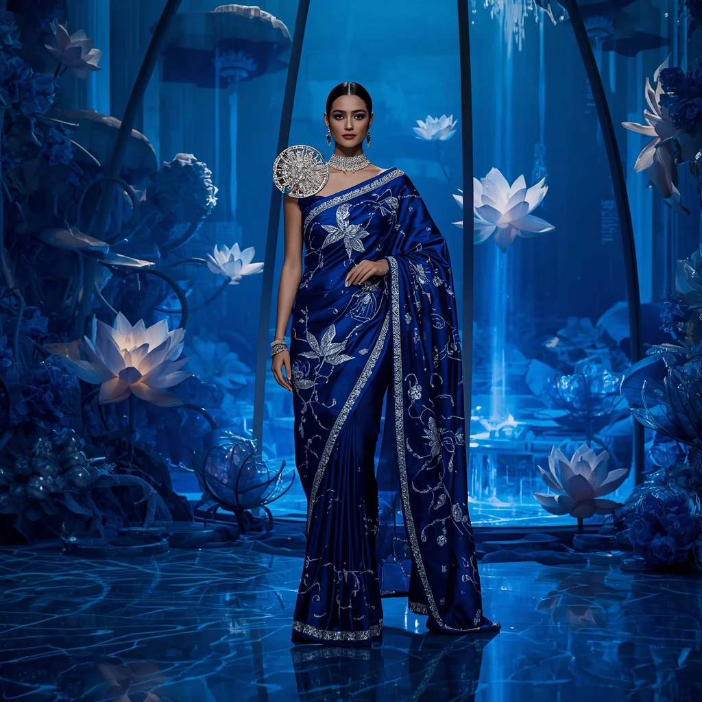 Sapphire Celestial Lotus Observatory Couture Saree | prompt for girls college online - Artistic Painted Saree AI Prompts for Unique Expression AI Prompt
