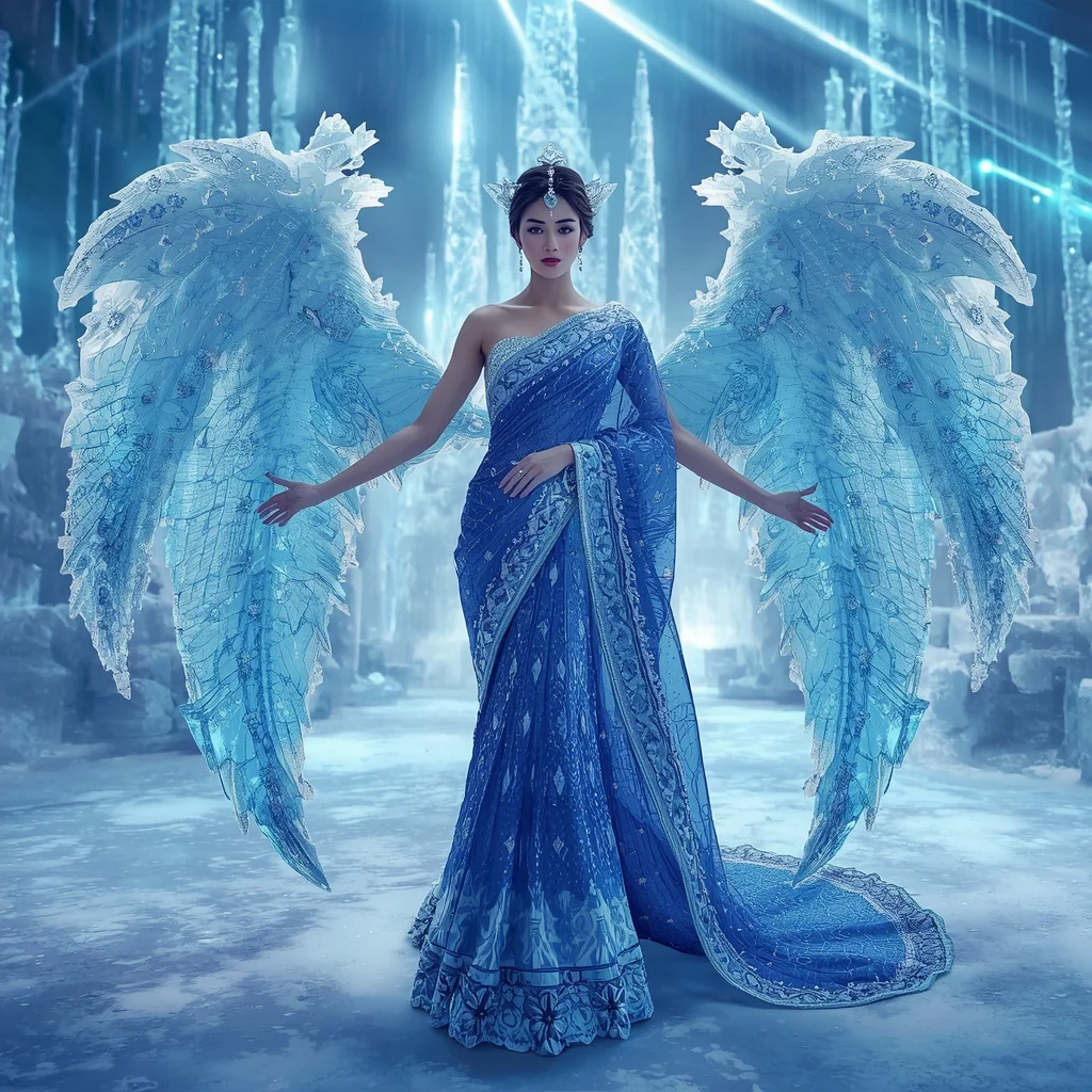 Sapphire Crystal Ice Dragon Saree with Frozen Sky Fortress | instagram trending saree prompt for girl - Bohemian Tie-Dye Saree AI Prompts for Festival Vibes AI Prompt