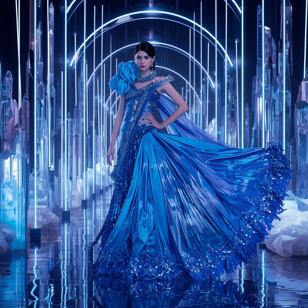 Sapphire Eclipse Royale Saree with Infinity Neon Crystal Sanctums | saree prompt seen - Glamorous Black and Gold Saree AI Prompts for Elegant Events AI Prompt
