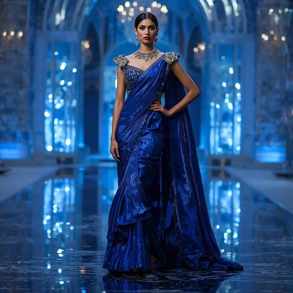 Sapphire Ice Diamond Queen Saree – Heavy Blue Glam Saree with Editorial Walk Pose and Sapphire Ice Palace Background | prompt for girl in saree pic chatgpt - Traditional Sambalpuri Ikkat Saree AI Prompts for Odisha Festivals AI Prompt