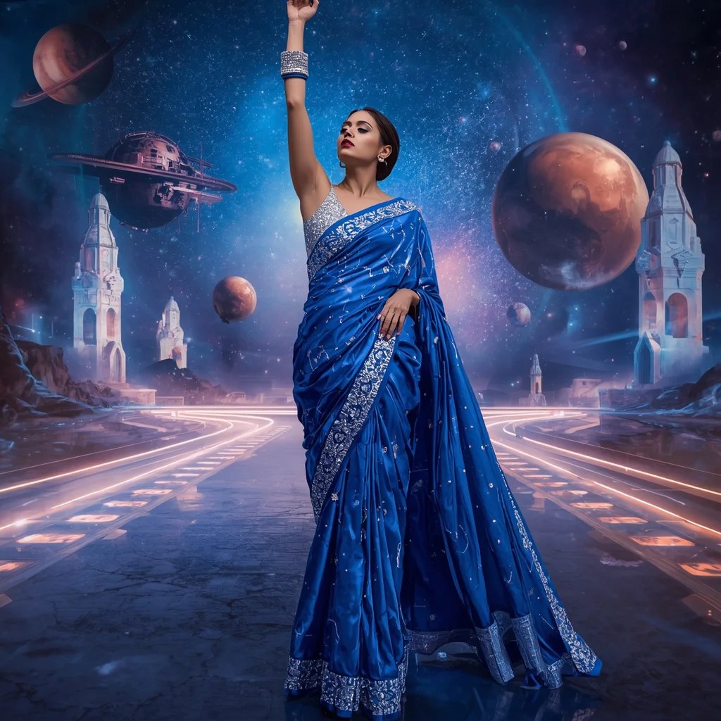 Sapphire Observatory Saree with Floating Telescope Galaxy | traditional saree prompt in english - Top 10 Modern Teen Saree AI Prompts for Fashion Design Workshops AI Prompt