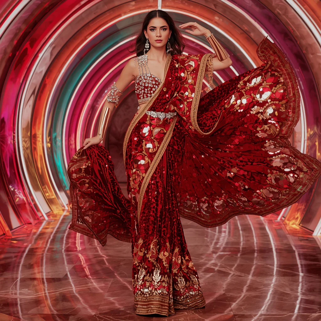 Scarlet Lotus Royal Saree with Futuristic Curved Neon Palace | chatgpt photo editing prompts trending instagram download - Best 10 Serene Child Saree AI Prompts for Garden Pond Reflections AI Prompt