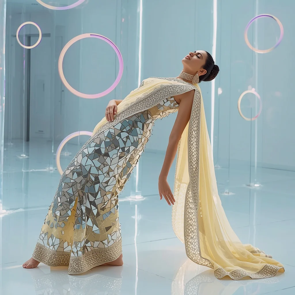 Shattered Mirror Mosaic & Fiber Optic Saree | Horizontal Invisible Lean Pose | Indian traditional saree prompt for wedding - Best 10 Serene Child Saree AI Prompts for Forest Stream Contemplation AI Prompt