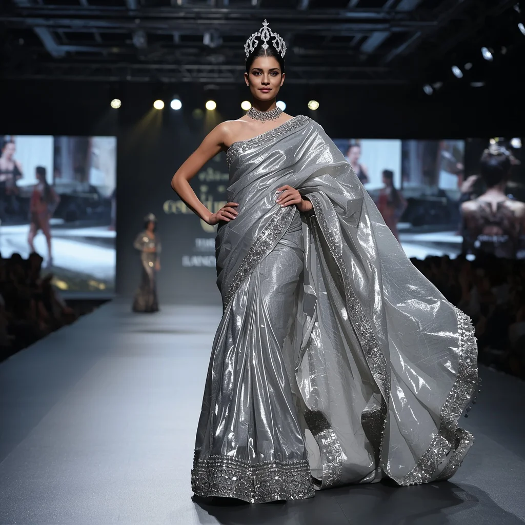 Silver Chrome Fire Crown Saree – Modern Metallic Saree with Runway Pose and International Fashion Arena Background | new chat gpt prompt trend - Traditional Sambalpuri Ikkat Saree AI Prompts for Odisha Festivals AI Prompt