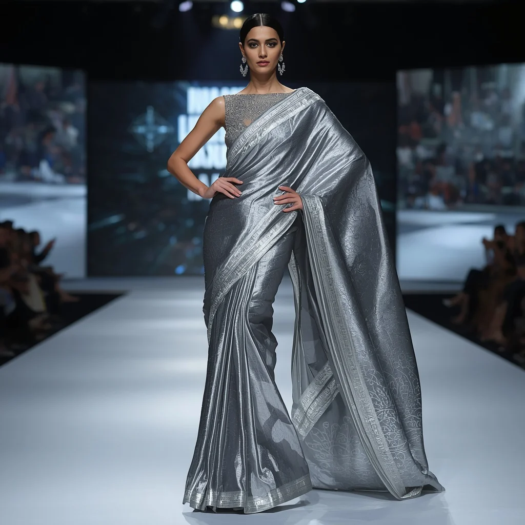 Silver Chrome Ice Flame Saree – Modern Metallic Saree with Runway Pose and International Fashion Arena Background | new prompt photo - Best 10 Serene Child Saree AI Prompts for Garden Pond Reflections AI Prompt
