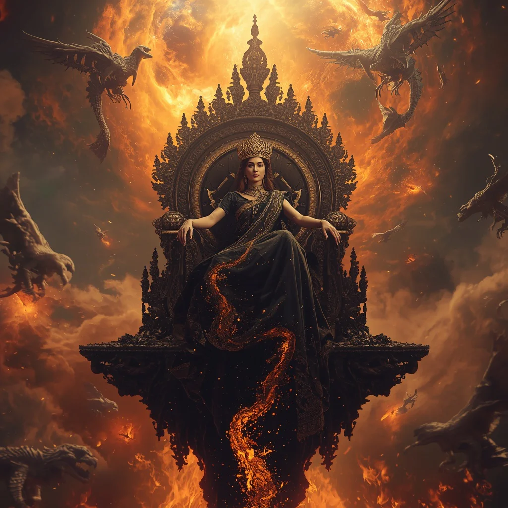 Solar Eclipse Obsidian Leviathan Empress Saree with Infernal Star Dominion Throne Collapse Realm Gate | prompt seen girl saree ai photo editing - Traditional Uppada Silk Saree AI Image Prompts for Royal Appeal AI Prompt