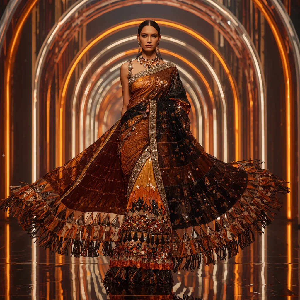 Solar Quantum Inferno Saree with Infinity Arc Neon Palaces | saree profile pic ai prompt - Glamorous Black and Gold Saree AI Prompts for Elegant Events AI Prompt