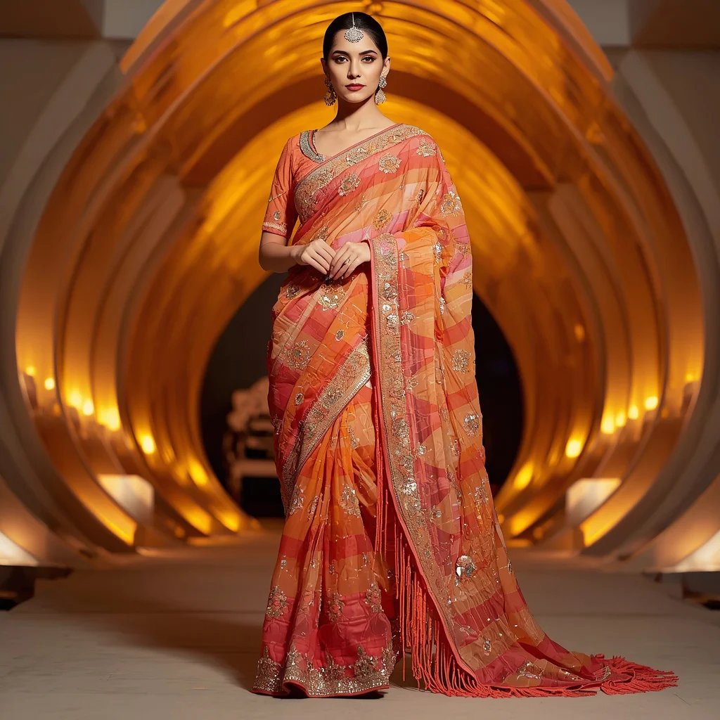 Sunset Coral Crystal Saree with Solar Wave Pavilion | Traditional saree prompt for wedding in english - Top 10 Charming Teen Saree AI Image Prompts for School Art Exhibitions AI Prompt