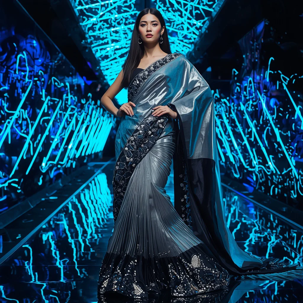 Titanium Shark Couture Saree with Ocean Laser Tunnel | prompt saree for girl - Artistic Batik Print Saree AI Prompts for Bohemian Style AI Prompt