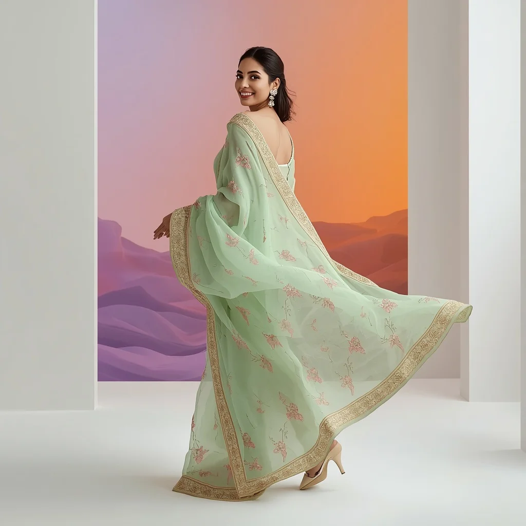 Trending Festival Saree Poses: Mint Green Organza Graceful Twirl Indoor Pose with Fluid Gradient Abstract Background | Chatgpt prompt for saree look - Top 10 Charming Teen Saree AI Image Prompts for School Band Concerts AI Prompt