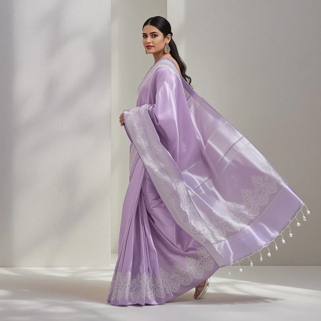 Ultimate Pastel Saree Look for Instagram Reels: Lavender Silk Influencer Style Pose in Textured Minimalist Interior | traditional prompt for gemini ai girl - Top 10 Charming Teen Saree AI Image Prompts for School Band Concerts AI Prompt