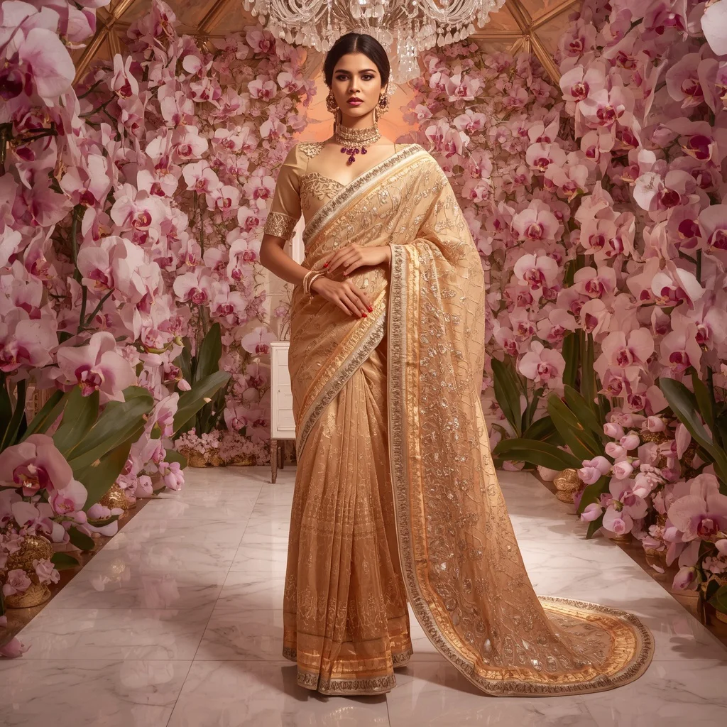 Ultra Luxury Golden Orchid Maharani Saree with Floral Crystal Dome Background | ai new prompt free download - Top 10 Modern Teen Saree AI Prompts for Science Fair Presentations AI Prompt
