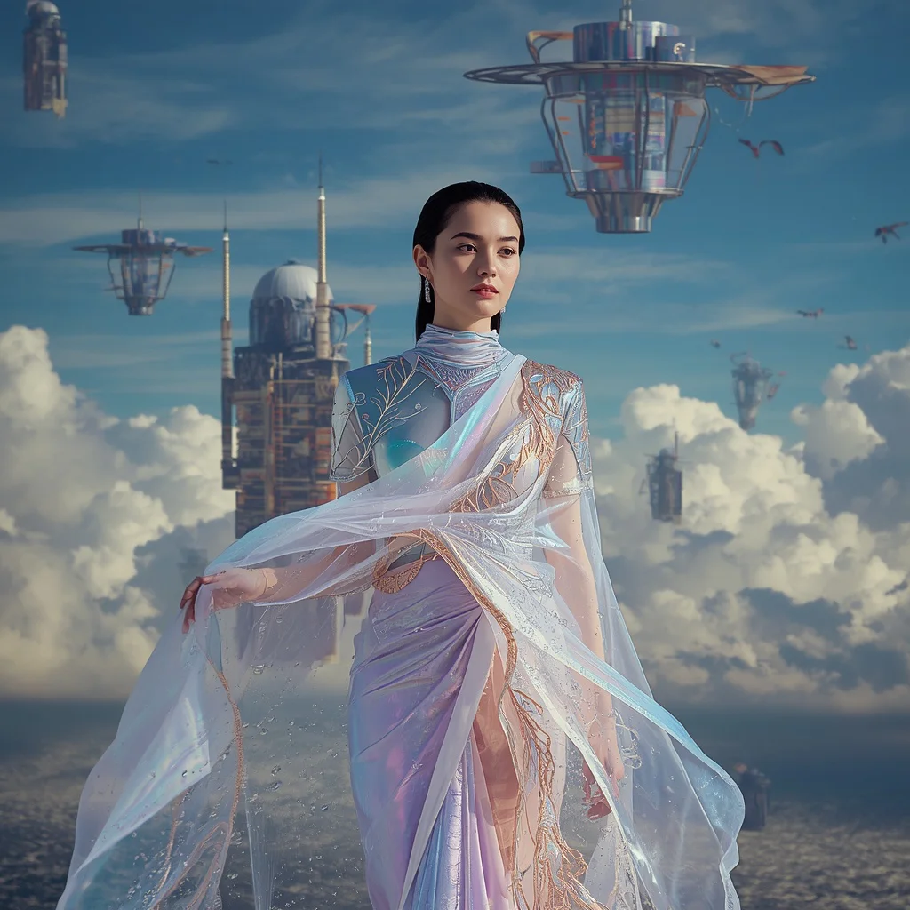 Ultra Luxury Holographic Water Silk Mirage Saree Couture with Floating Liquid Sky Ocean City Background | saree reel ai prompt - Bohemian Tie-Dye Saree AI Prompts for Festival Vibes AI Prompt