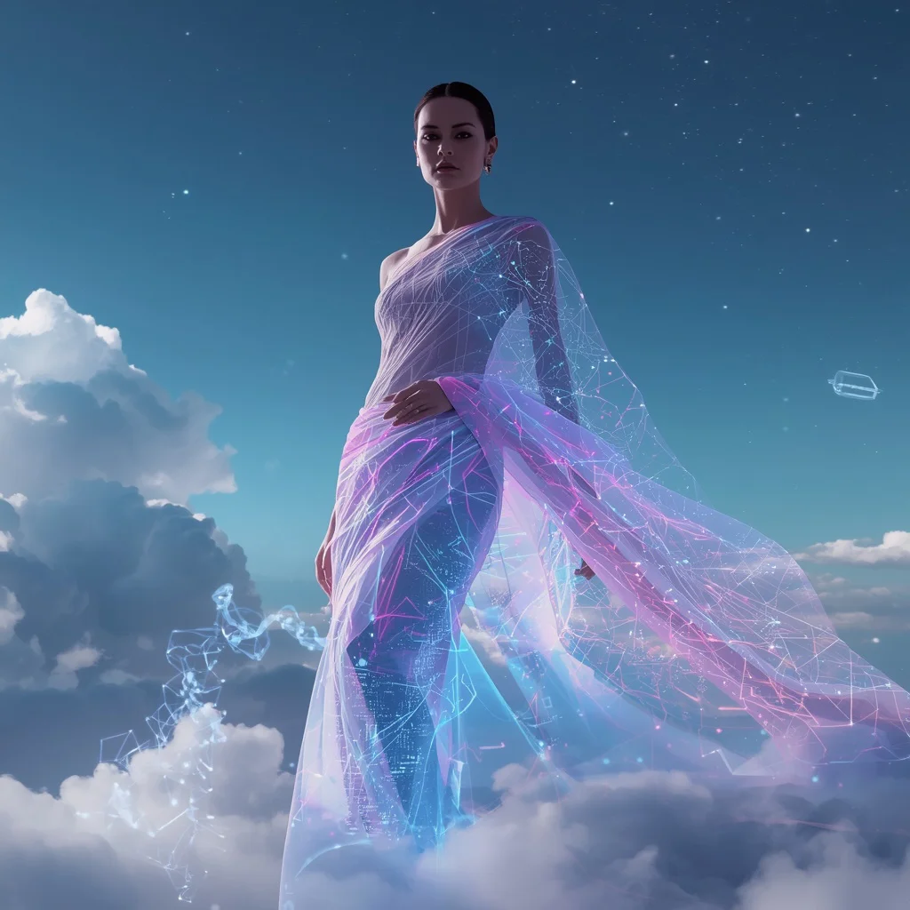 Ultra Luxury Neural Aurora Silk Code Saree Couture with Floating Digital Consciousness Sky Realm Background | chatgpt photo editing prompts for girl - Bohemian Tie-Dye Saree AI Prompts for Festival Vibes AI Prompt