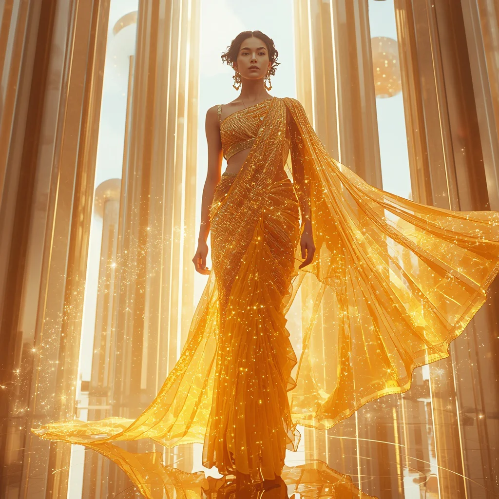 Ultra Luxury Solar Crystal Silk Fusion Saree Couture with Floating Sunlight Energy Cathedral Background | saree photoshoot ai prompt - Bohemian Tie-Dye Saree AI Prompts for Festival Vibes AI Prompt