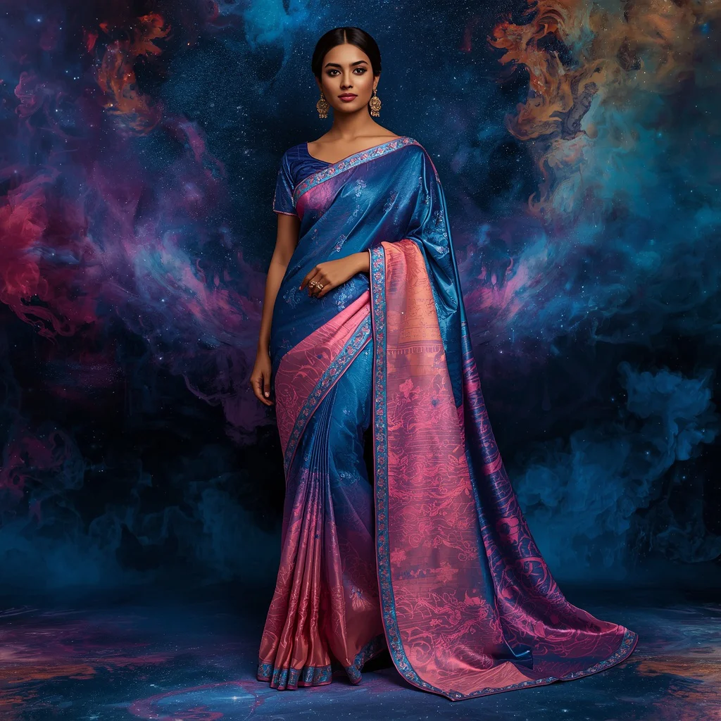 Ultra Premium Floating Crystal Ink Galaxy Saree With Cosmic Art Background | prompt for saree for wedding - New 10 Traditional Young Girl Saree AI Prompts for Cultural Dance Practice AI Prompt