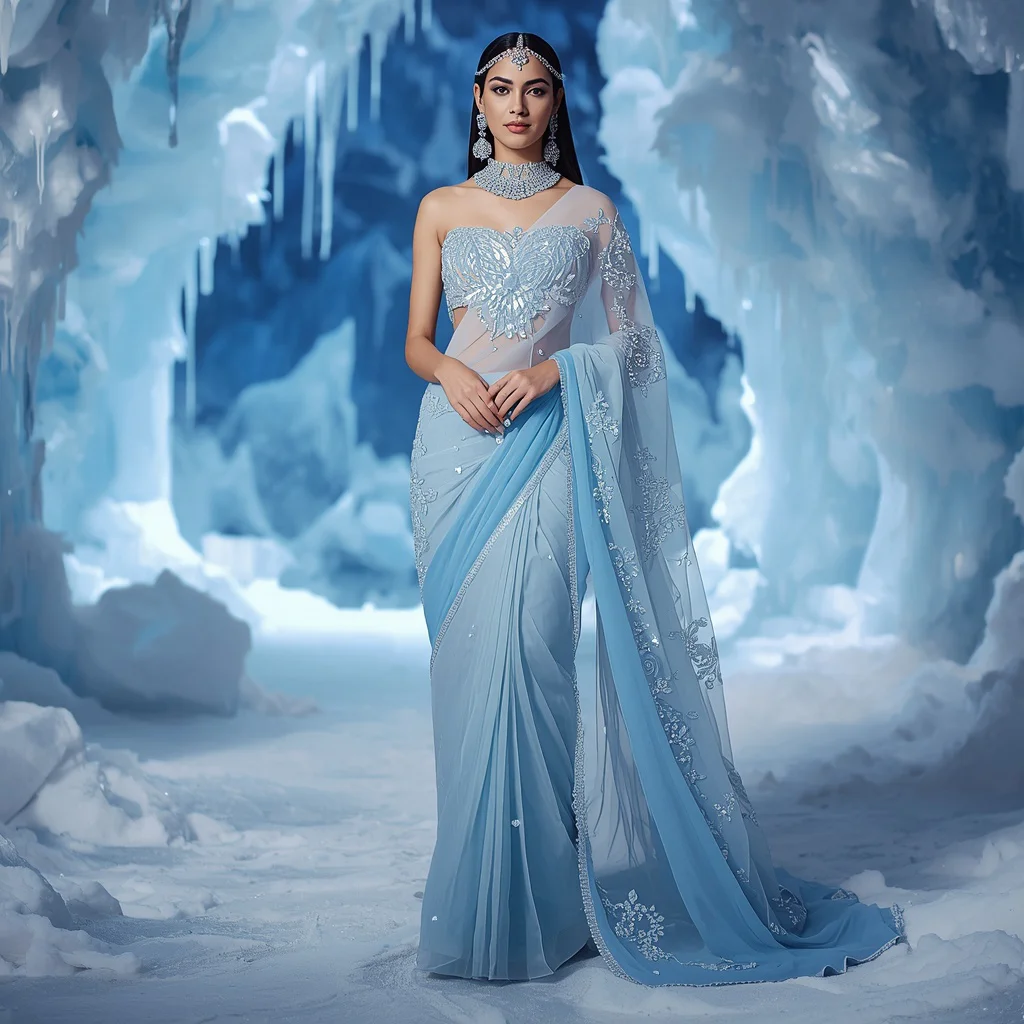 Ultra Premium Floating Ice Glass Garden Saree With Frozen Light Realm Background | saree prompt for women in english - New 10 Traditional Young Girl Saree AI Prompts for Cultural Dance Practice AI Prompt