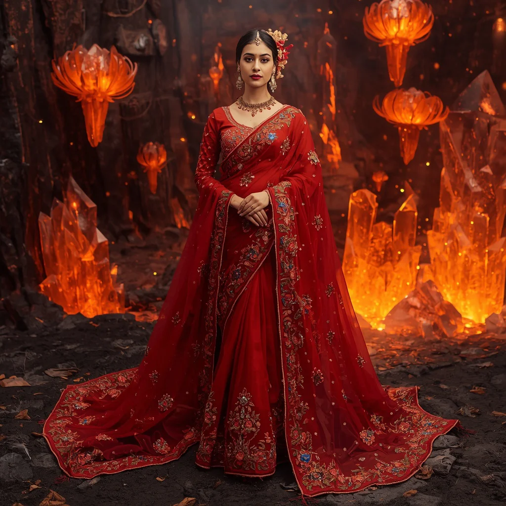 Ultra Premium Floating Lava Glass Flower Saree With Volcanic Crystal Realm Background | Trending saree gemini prompt instagram - Top 10 Charming Teen Saree AI Image Prompts for School Band Concerts AI Prompt