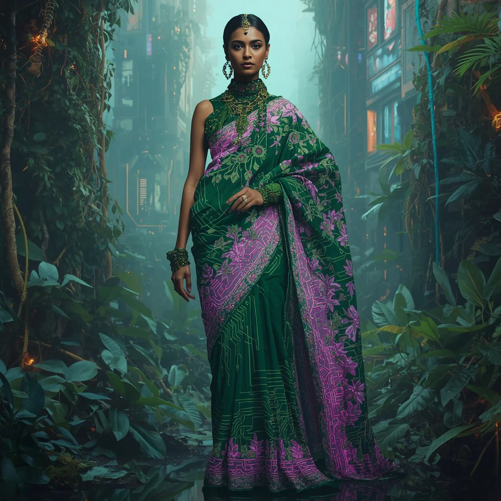 Ultra Premium Neon Bio Jungle Saree With Cyber Nature City Background | new ai prompt for image generation - New 10 Traditional Young Girl Saree AI Prompts for Cultural Dance Practice AI Prompt
