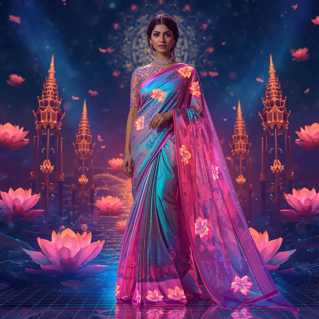 Ultra Premium Neon Lotus Wind Saree With Cyber Temple Sky Background | prompt for traditional look for girl - New 10 Traditional Young Girl Saree AI Prompts for Cultural Dance Practice AI Prompt